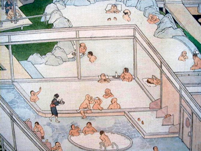 На фото общественная Японская баня – сэнто в зарисовке.