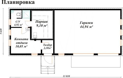 An example of the layout of a bathhouse with a garage under one roof